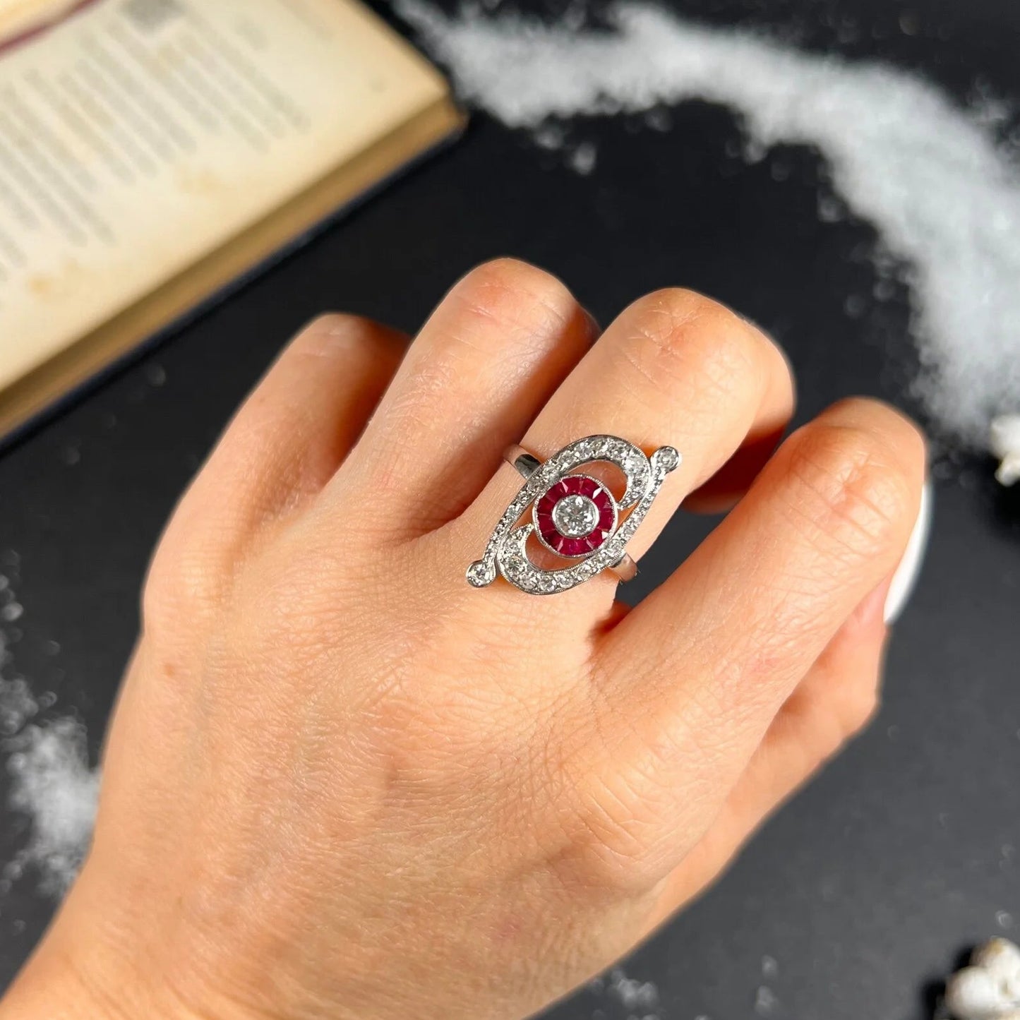Antique Art Deco Ruby and Diamond Scroll Target Cluster Ring