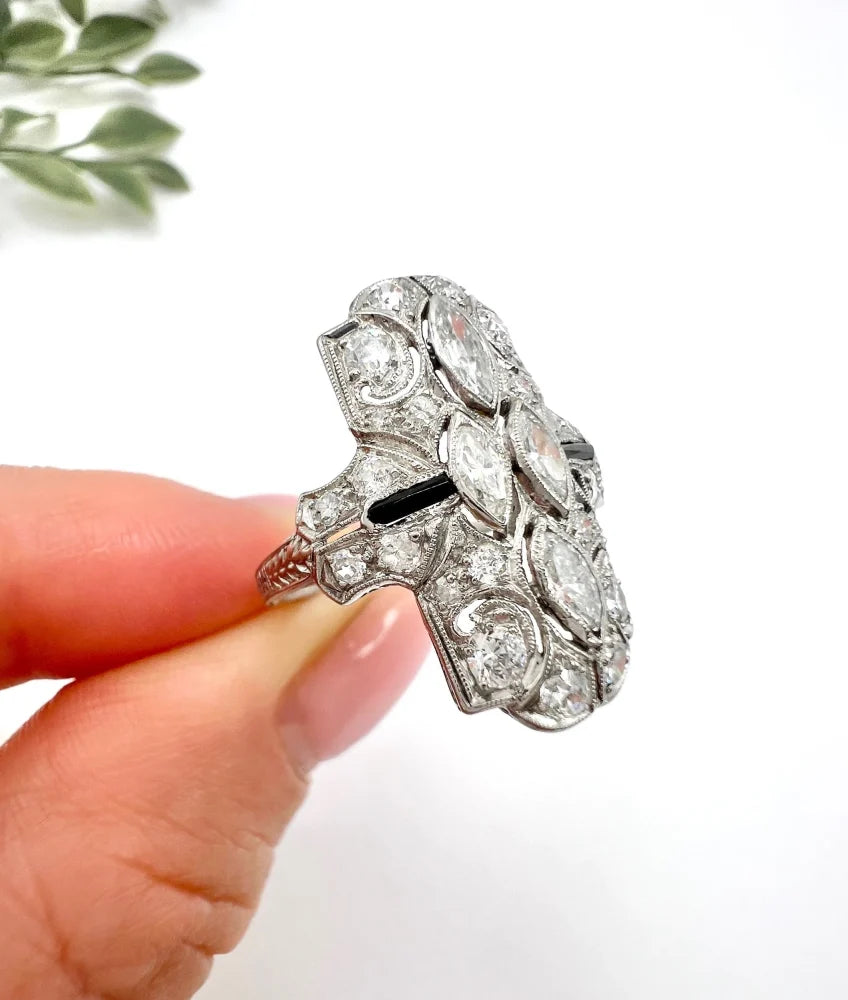 Vintage Marquise Diamond and Onyx Plaque Ring