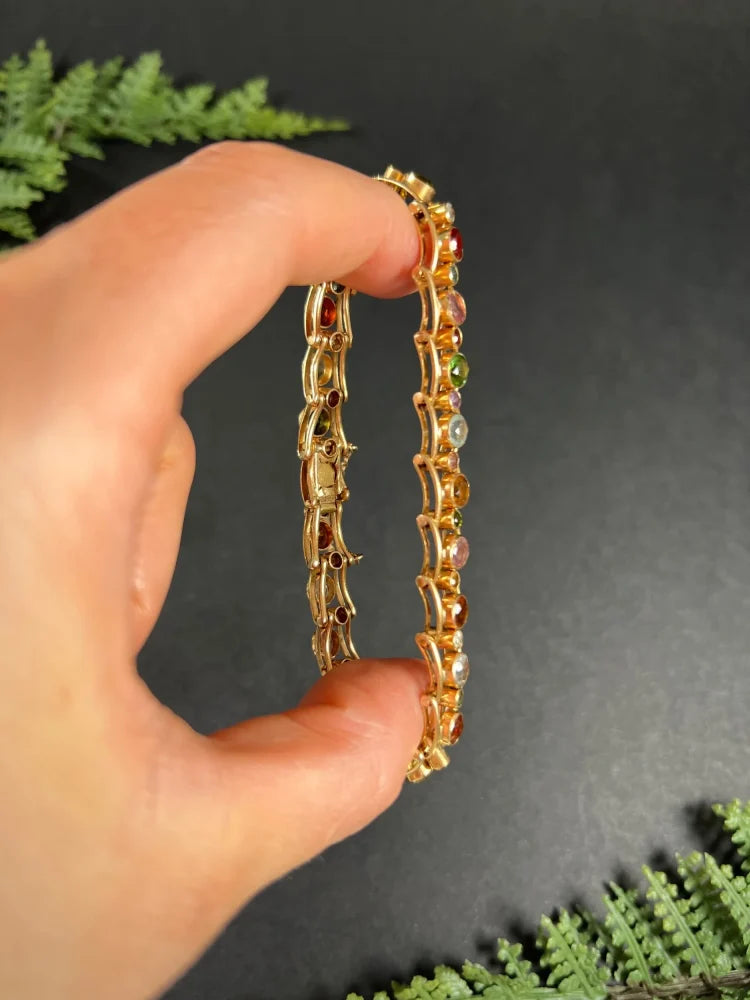 Vintage Aquamarine Peridot Citrine and Pink Tourmaline Harlequin Bracelet in 18ct Rose Gold