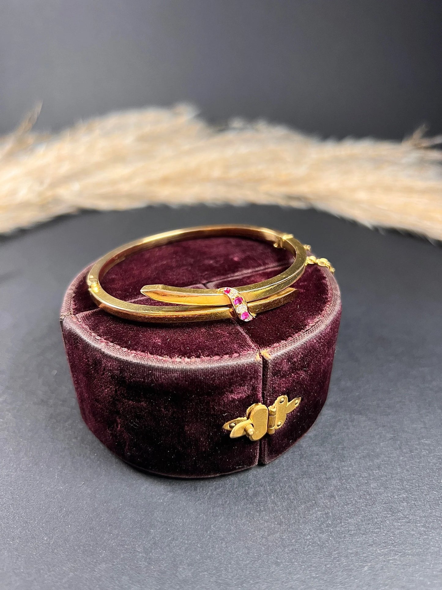 Vintage 15 Carat Yellow Gold, 1930's Ruby And Diamond Crossover Bangle
