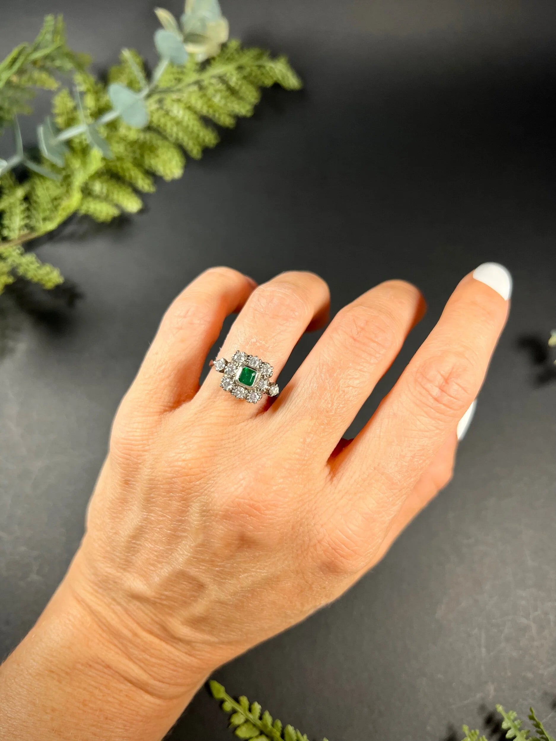Vintage 18 Carat White Gold Emerald and Diamond Square Cluster Ring, Circa 1940