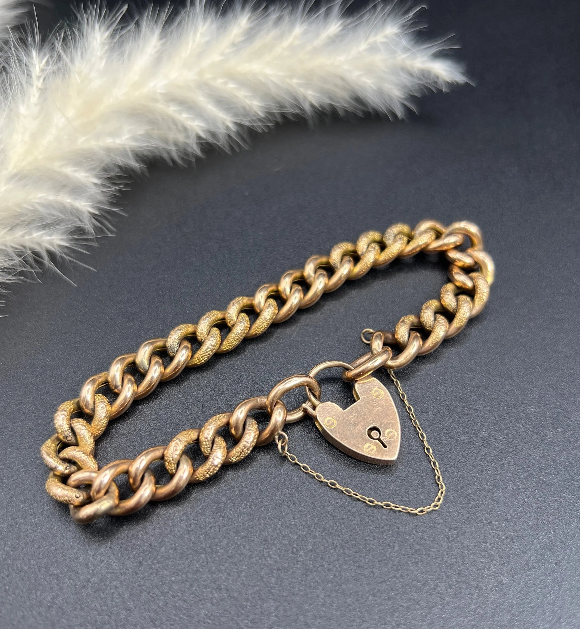 Antique 9 Carat Rose Gold Night and Day Floral Curb Bracelet with Heart Padlock