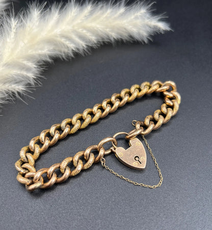 Antique 9 Carat Rose Gold Night and Day Floral Curb Bracelet with Heart Padlock