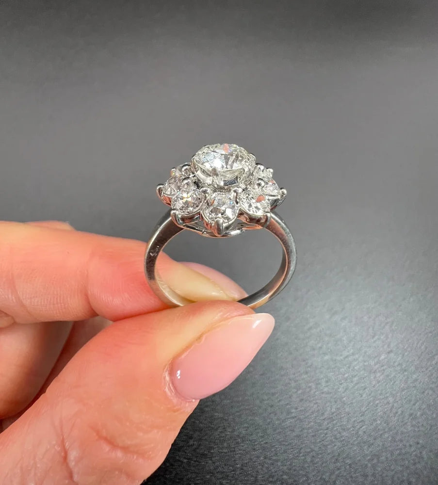 Vintage Diamond Daisy Cluster Engagement Ring in Platinum, 2.20 carats