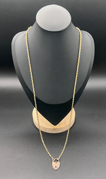 Victorian 9 Carat Yellow Gold Rolo Link Chain with Vintage Heart Padlock Clasp