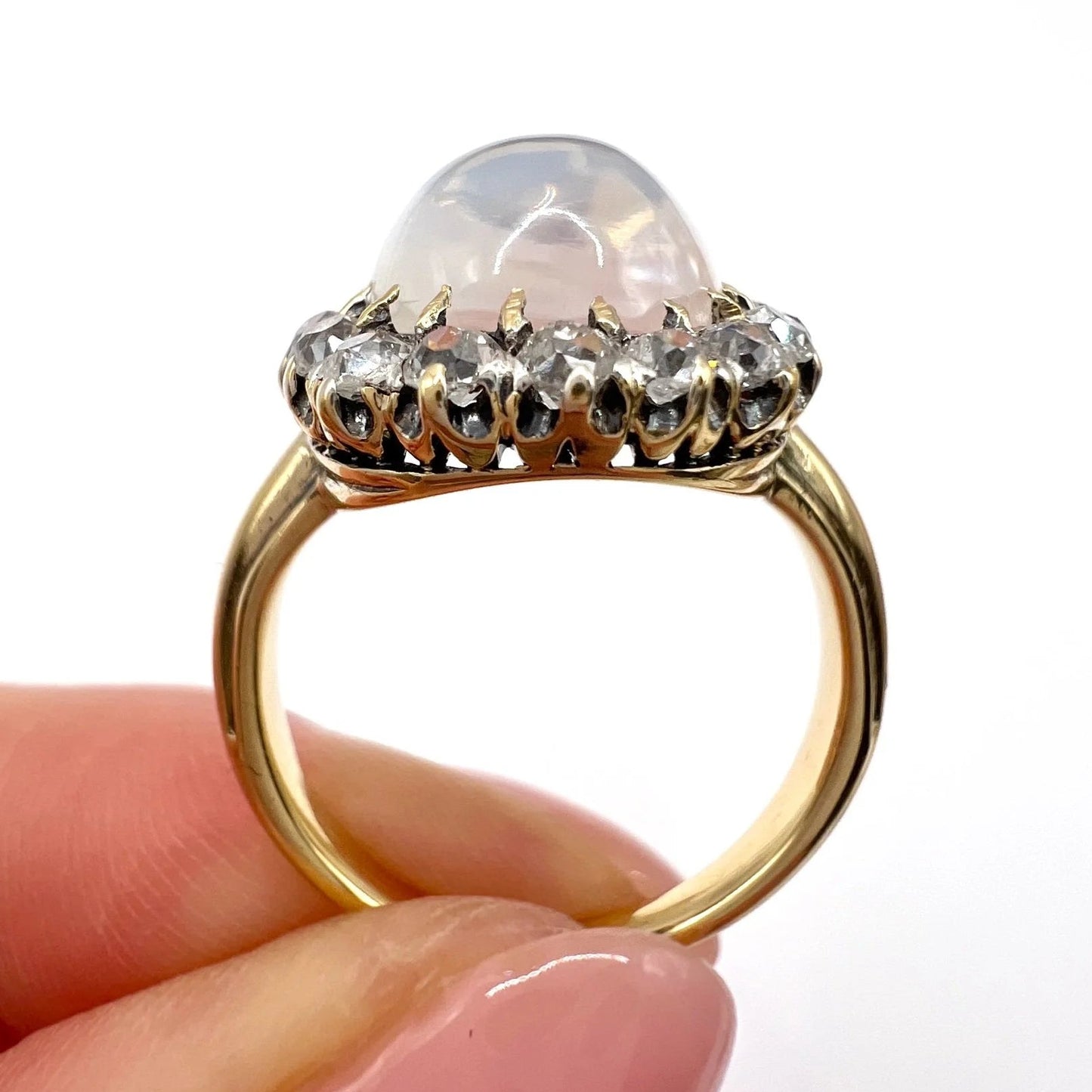 Victorian Antique Cabochon Moonstone and Diamond Cluster Ring