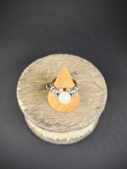 Antique 18ct White Gold, Edwardian Cultured Pearl & Old Cut Diamond Ring