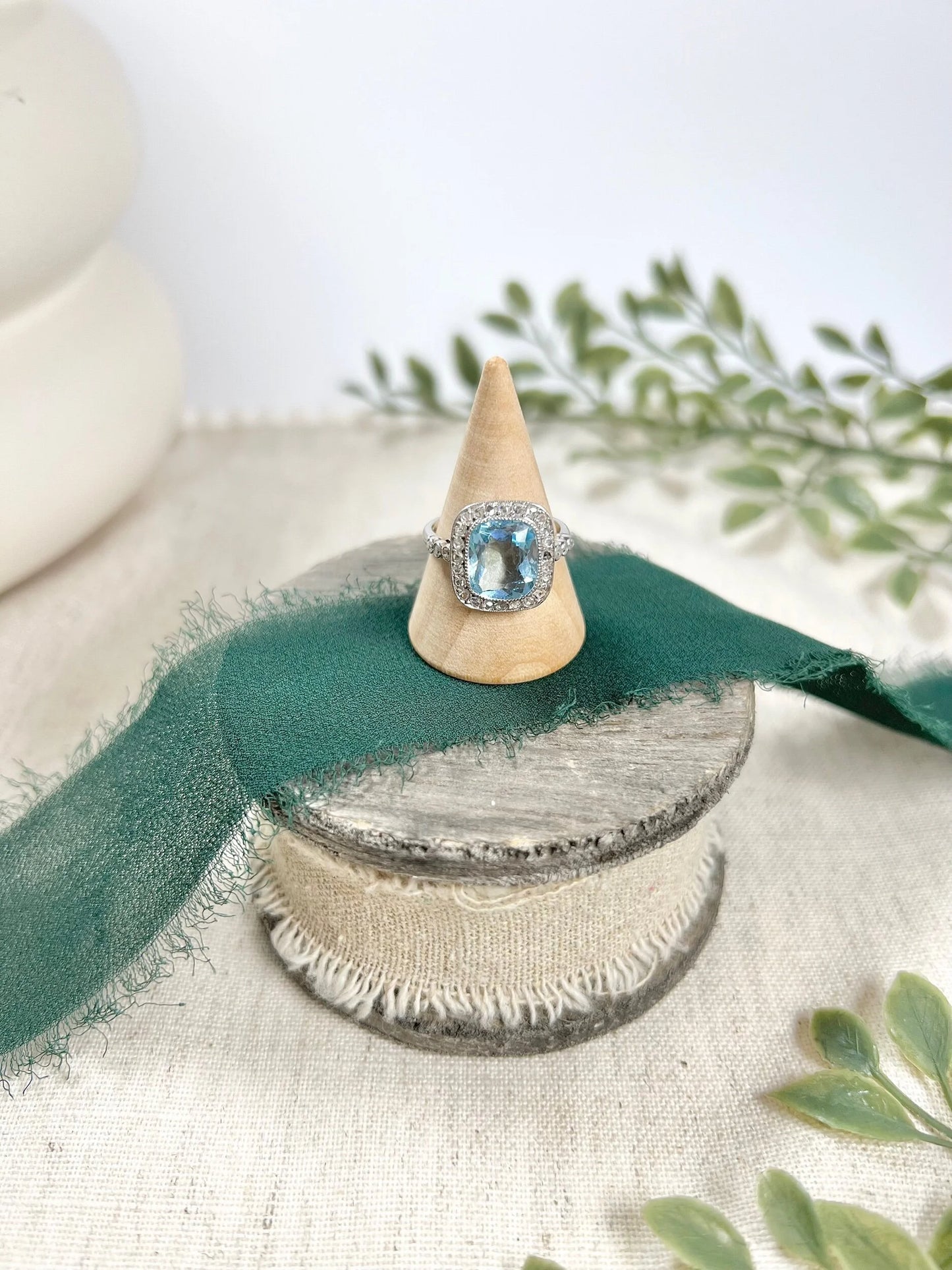 Vintage Platinum 1940s Aquamarine & Diamond Halo Cluster Dress Ring