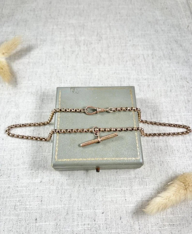 Antique 9ct Rose Gold, Edwardian Round Faceted Belcher Link Chain with Moveable T-bar