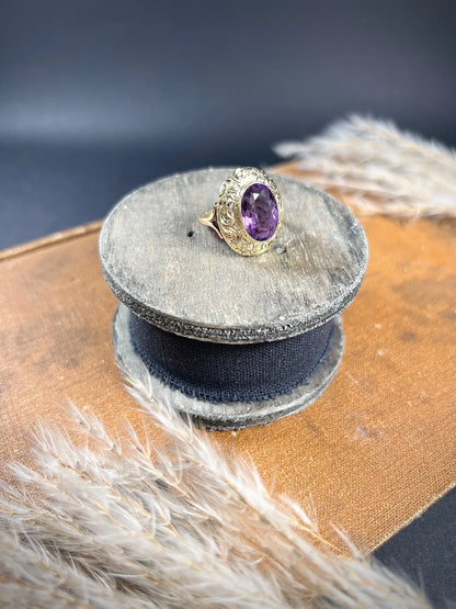 Antique 14ct Two Colour Gold, Fancy Victorian Faceted Amethyst Dress Ring