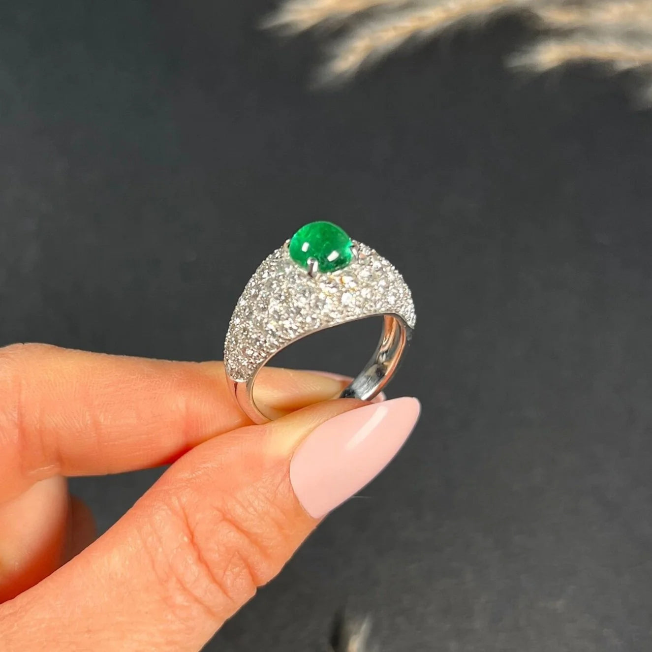 Vintage French Cabochon Emerald and Diamond Cluster Bombe Ring, Circa 1940s