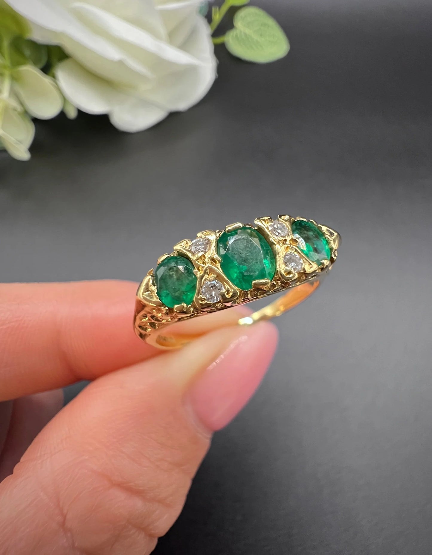 Vintage 18ct Yellow Gold, 1960s Victorian Style Emerald and Diamond Carved Engagement Ring