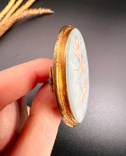 Antique Miniature Cupid Brooch In 18 Carat Yellow Gold With Mother-Of-Pearl Back