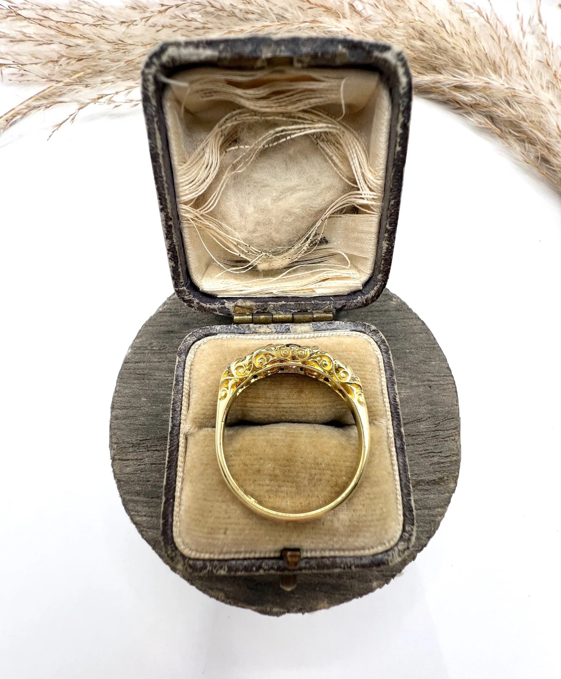 Edwardian Antique Amethyst Peridot and Diamond Carved Suffragette Ring