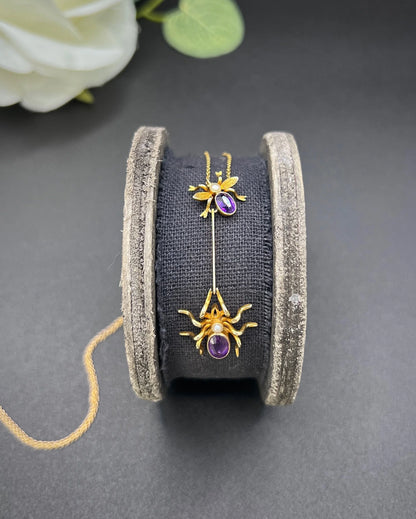 Antique 9 ct Gold, Edwardian Amethyst Spider And Fly Bug Pendant Necklace