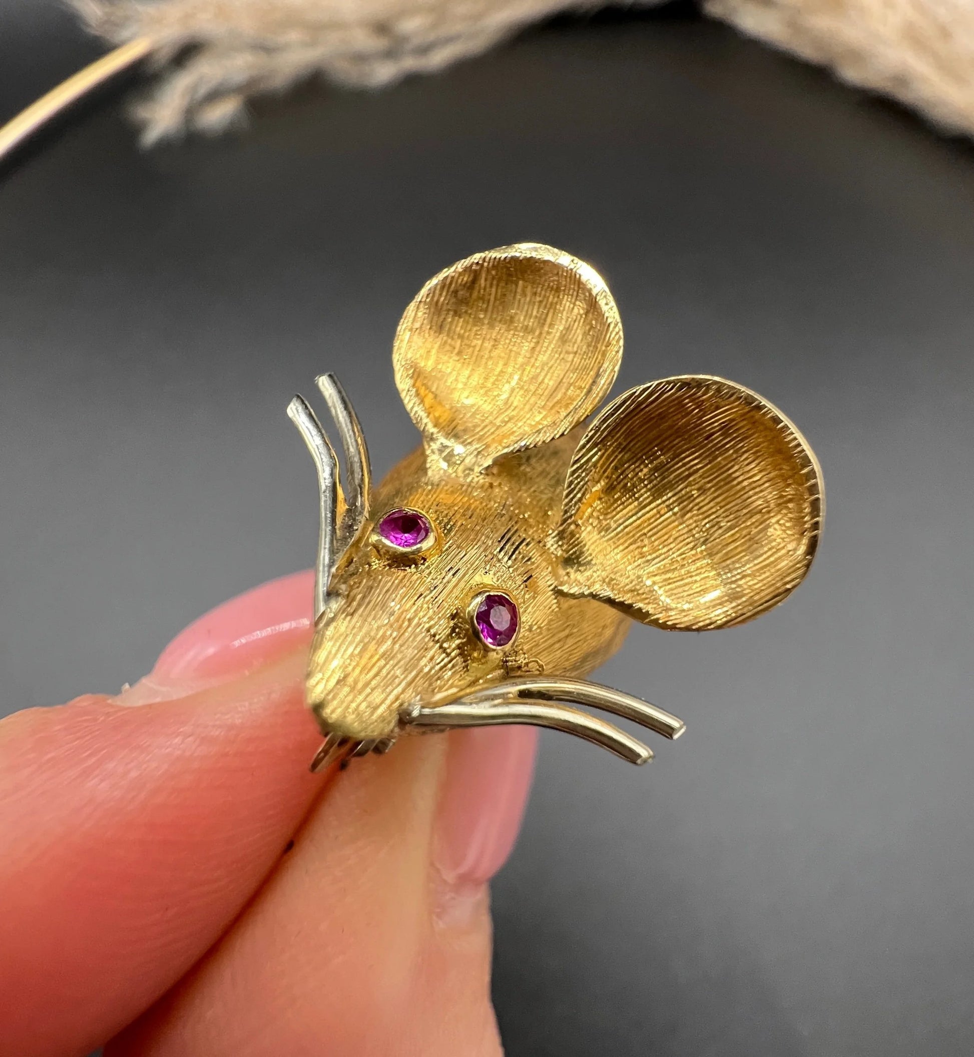 Vintage 18 ct Gold Italy 1960's Ruby Mouse Brooch, Animal Jewellery