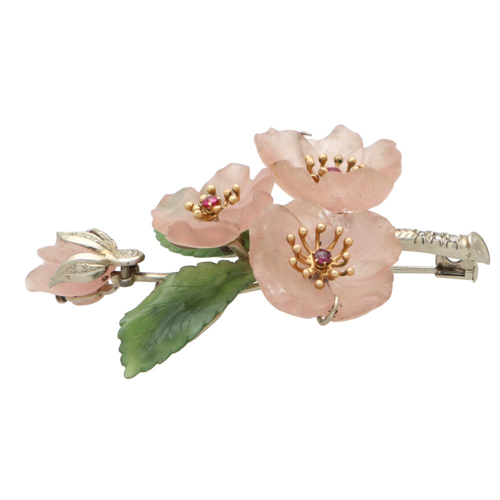 Rose Quartz, Nephrite, Ruby and Diamond Floral Spray Brooch In White Gold