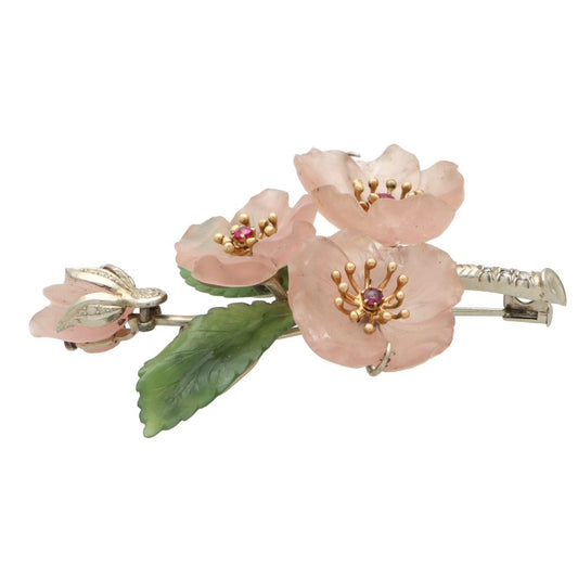 Rose Quartz, Nephrite, Ruby and Diamond Floral Spray Brooch In White Gold