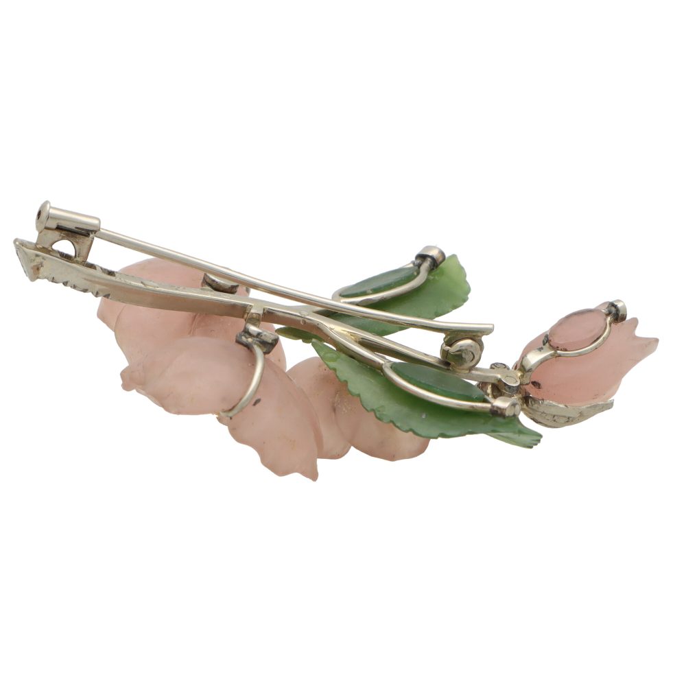 Rose Quartz, Nephrite, Ruby and Diamond Floral Spray Brooch In White Gold