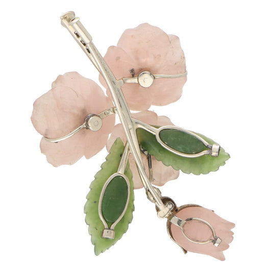Rose Quartz, Nephrite, Ruby and Diamond Floral Spray Brooch In White Gold