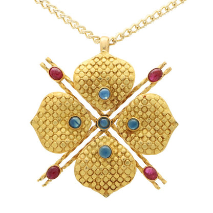 Vintage French Ruby and Sapphire Four Leaf Clover Pendant