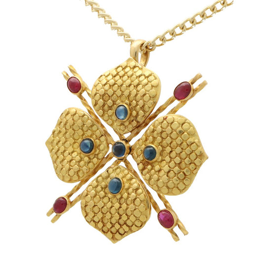 Vintage French Ruby and Sapphire Four Leaf Clover Pendant in 18ct Yellow Gold