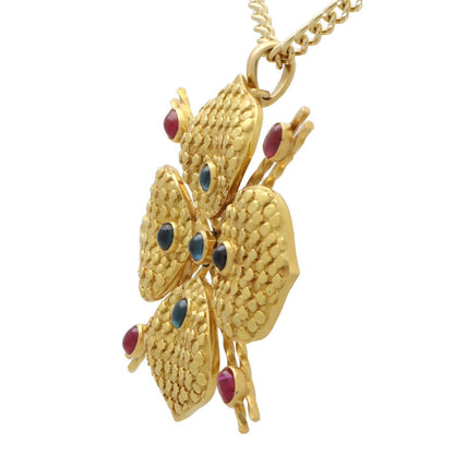 Vintage French Ruby and Sapphire Four Leaf Clover Pendant in 18ct Yellow Gold