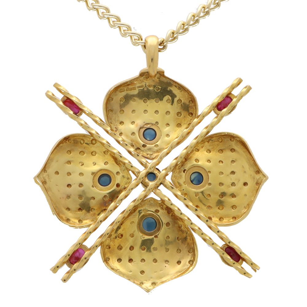 Vintage French 18ct Yellow Gold Four Leaf Clover Pendant with Sapphires and Rubies