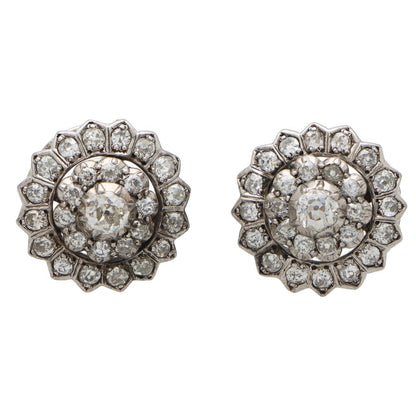 Antique Early Victorian Old Cut Diamond Coronet Cluster Earrings, set with 2.28 carats of old mine cut diamonds in step-down silver settings, 19th century Circa 1840s