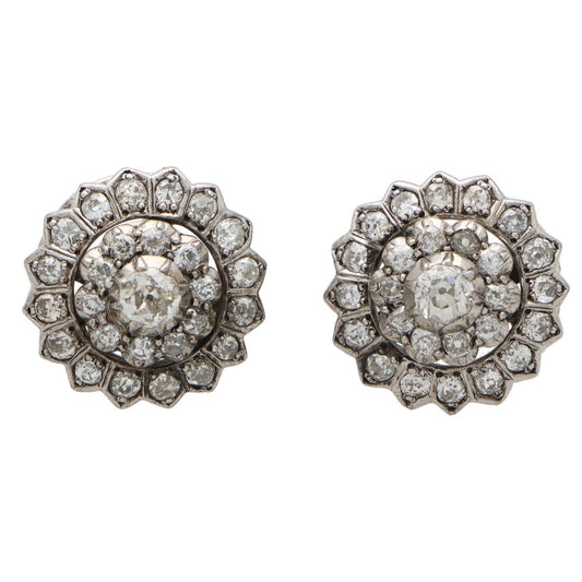Antique Early Victorian Old Cut Diamond Coronet Cluster Earrings, set with 2.28 carats of old mine cut diamonds in step-down silver settings, 19th century Circa 1840s