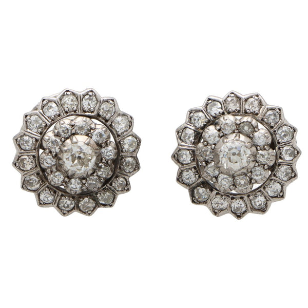 Antique Early Victorian Old Cut Diamond Coronet Cluster Earrings, set with 2.28 carats of old mine cut diamonds in step-down silver settings, 19th century Circa 1840s