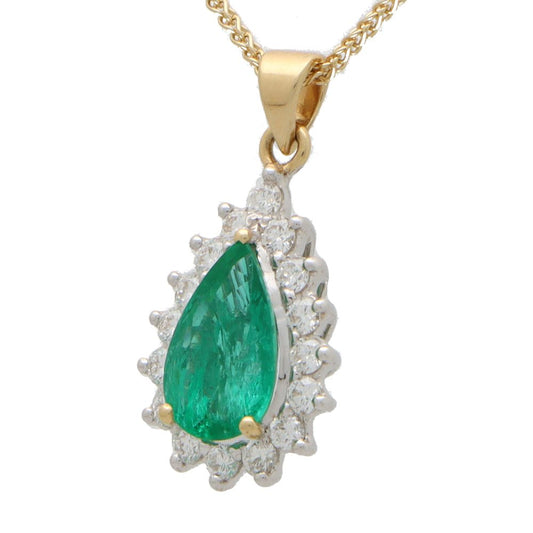 1.32ct Pear Cut Emerald and Diamond Cluster Pendant