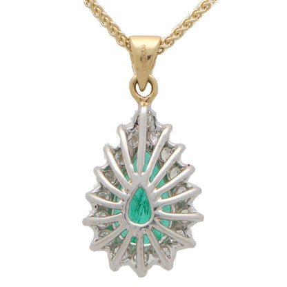 1.32ct Pear Cut Emerald and Diamond Cluster Pendant