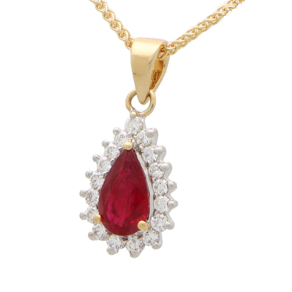 Modern 1.06ct Pear Cut Ruby and Diamond Cluster Pendant
