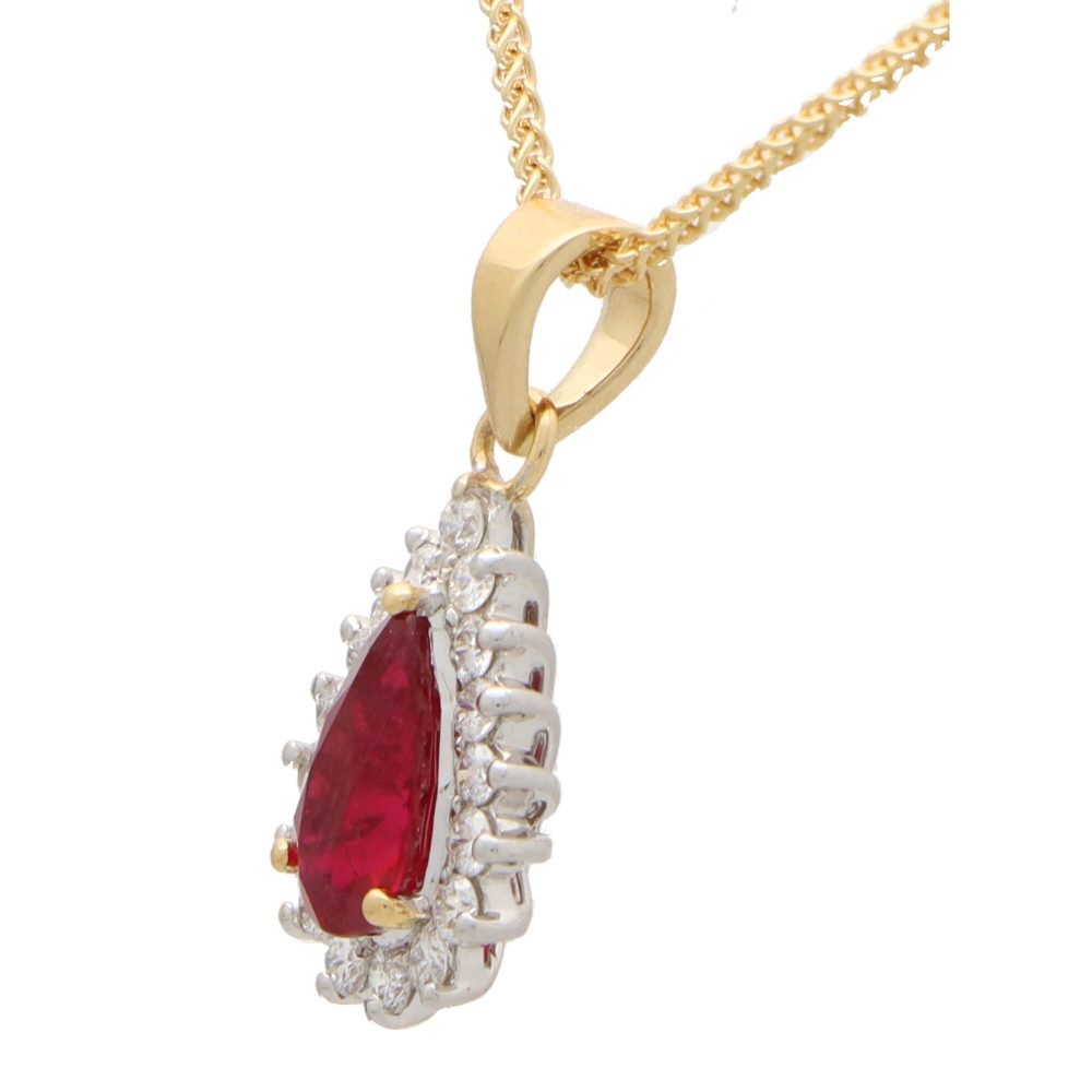 Modern 1.06ct Pear Cut Ruby and Diamond Cluster Pendant
