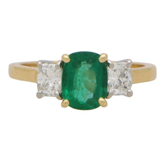 1.25ct Cushion Cut Emerald and Diamond Three Stone Engagement Ring