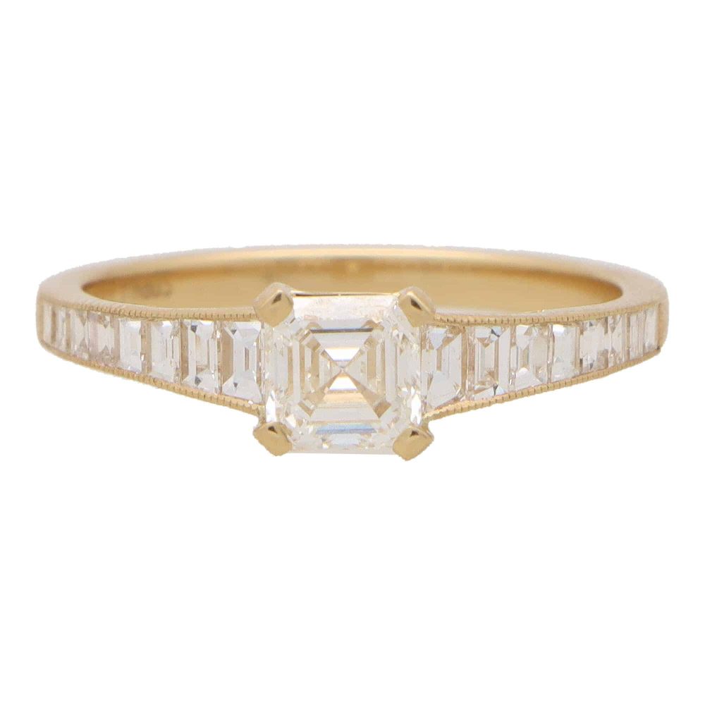 GIA Certified 0.60ct H VS1 Asscher Cut Diamond Engagement Ring in 18ct Yellow Gold with Tapering Baguette Diamond Shoulders