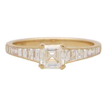 GIA Certified 0.60ct H VS1 Asscher Cut Diamond Engagement Ring in 18ct Yellow Gold with Tapering Baguette Diamond Shoulders