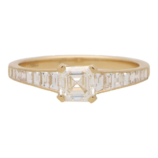 GIA Certified 0.60ct H VS1 Asscher Cut Diamond Engagement Ring in 18ct Yellow Gold with Tapering Baguette Diamond Shoulders