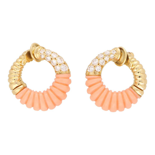 Vintage Van Cleef and Arpels Coral and Diamond Set Gold Hoop Earrings