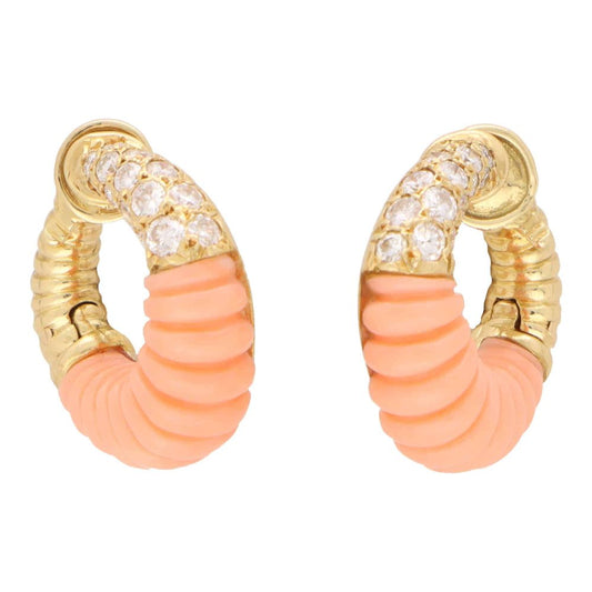 Vintage Van Cleef and Arpels Carved Fluted Coral and Diamond Set Gold Hoop Earrings