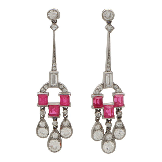 Art Deco Diamond And Ruby Drop Earrings In Platinum