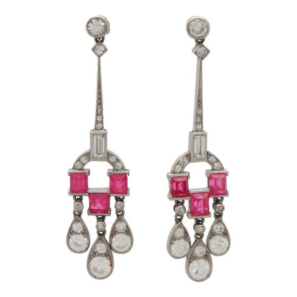 Art Deco Diamond And Ruby Drop Earrings In Platinum