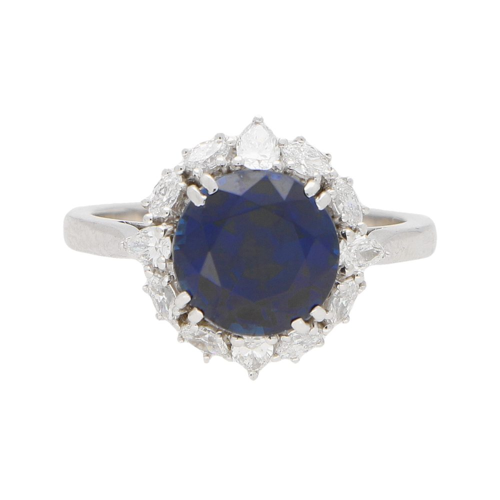 3.22ct Royal Blue Sapphire and Diamond Platinum Cluster Ring