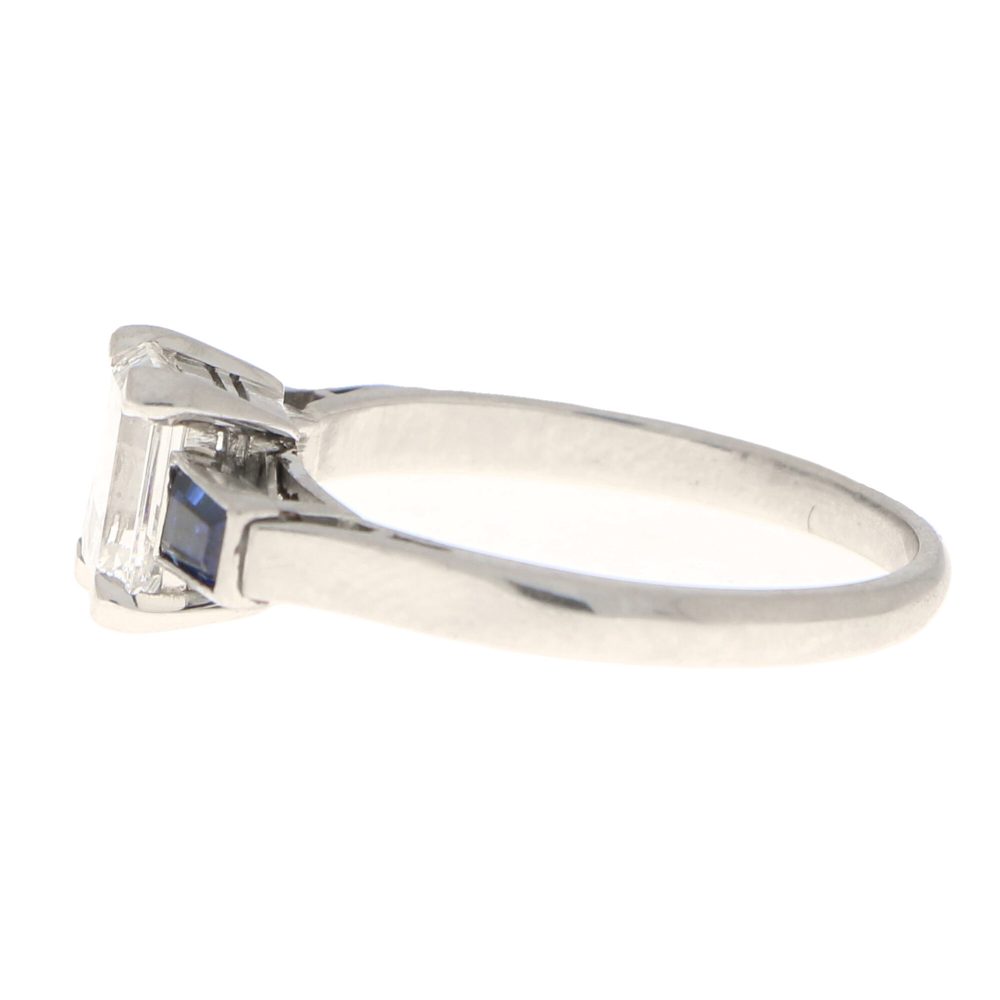GIA Certified Antique Art Deco Diamond and Sapphire Three Stone Ring