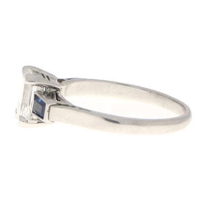 GIA Certified Antique Art Deco Diamond and Sapphire Three Stone Ring