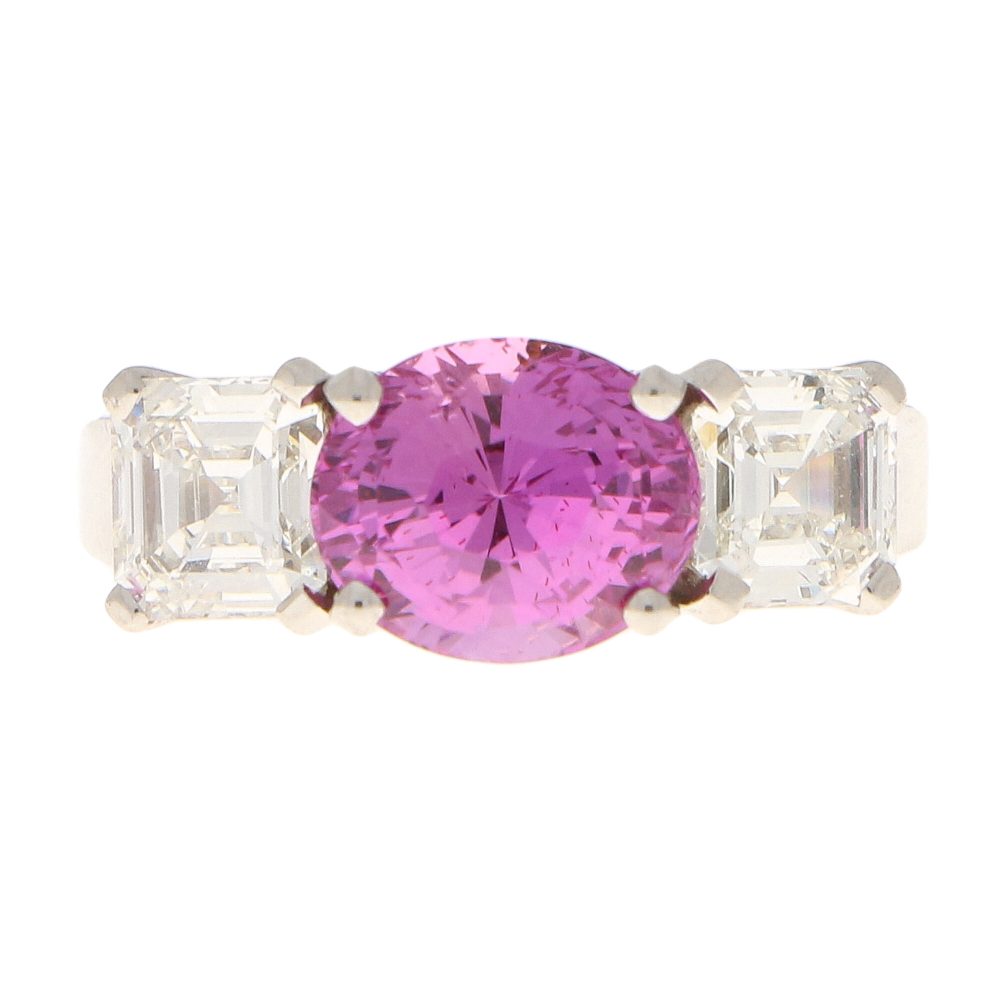 Pink Sapphire and Diamond Three Stone Ring