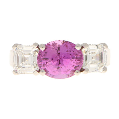 Pink Sapphire and Diamond Three Stone Ring