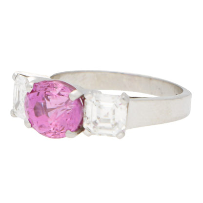 Pink Sapphire and Diamond Three Stone Ring