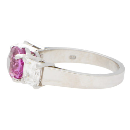 Pink Sapphire and Diamond Three Stone Ring